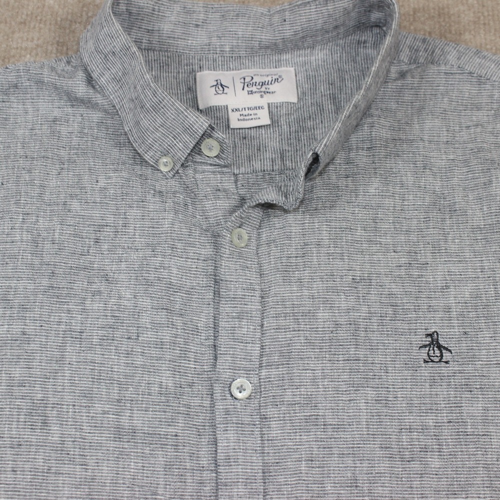 Original Penguin Mens XXL Grey White Micro Stripe Short Sleeve Button Down Shirt